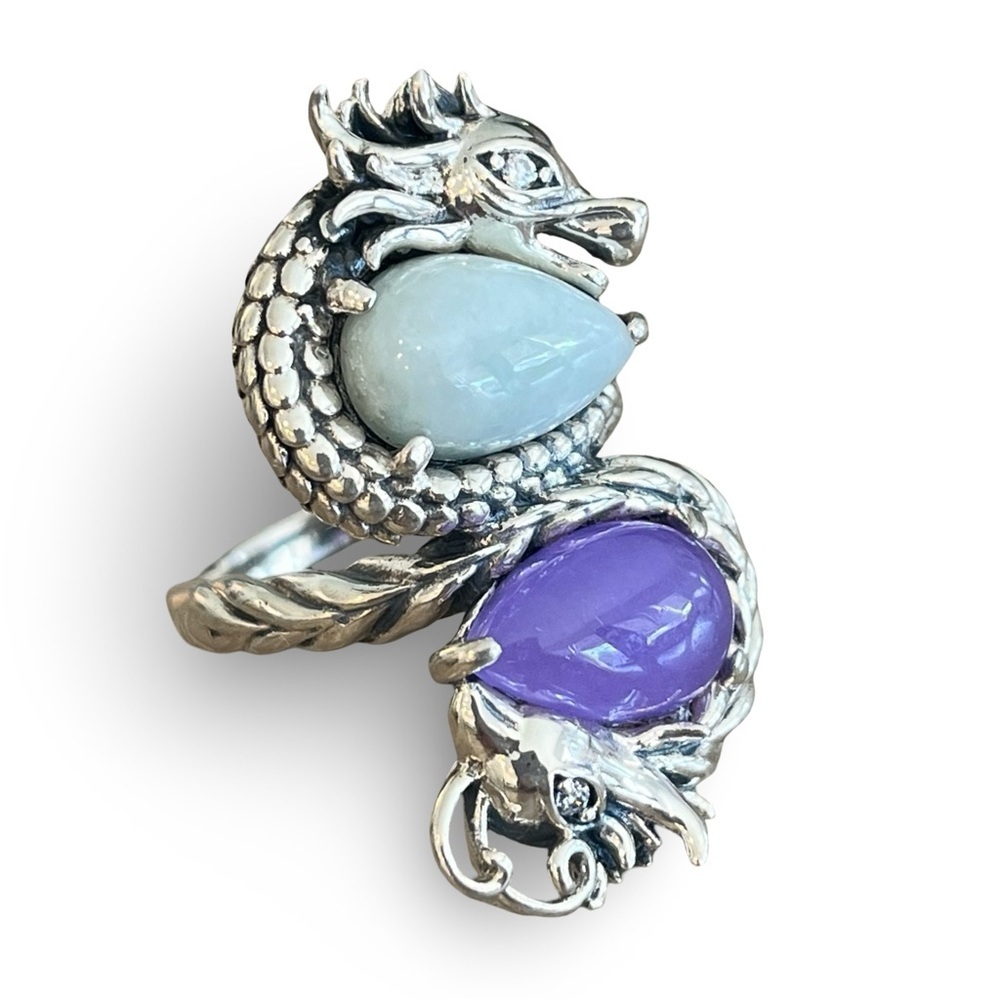 Sterling Joy Dragon Phoenix Jade of Yesteryear Jade Purple Stone Ring Size 7